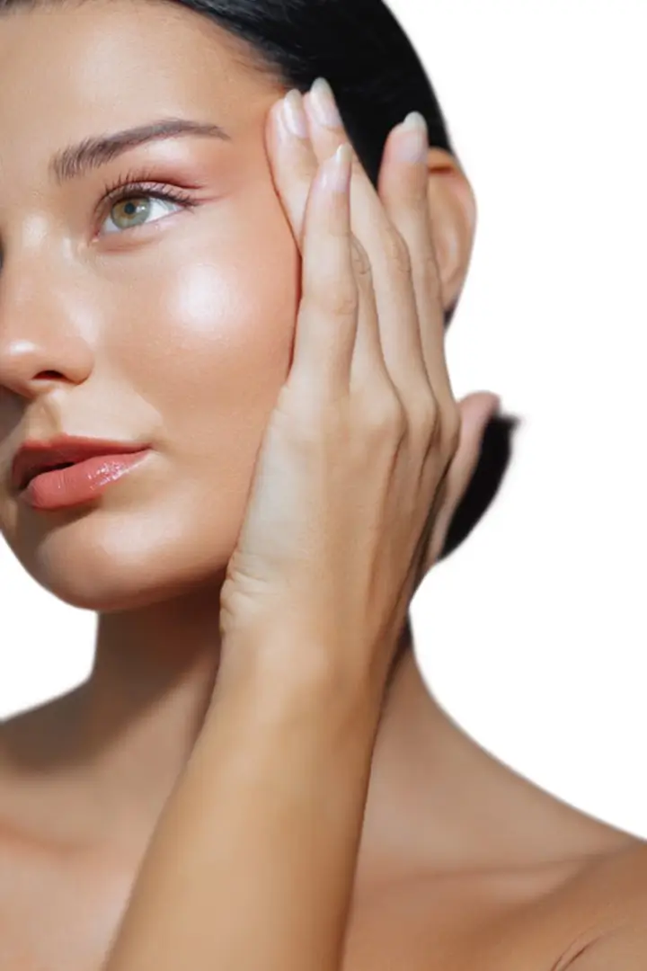 Close-up of a woman with glowing skin, highlighting Sculptra treatment effects