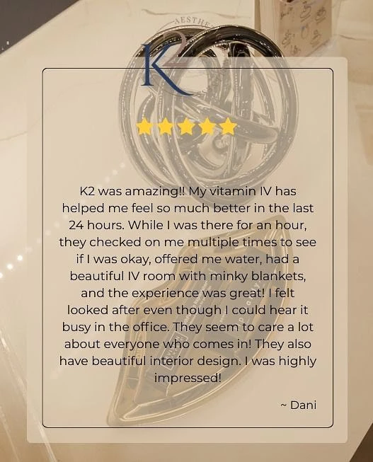K2 Aesthetics and Wellness vitamin IV therapy review with 5-star rating and positive patient feedback
