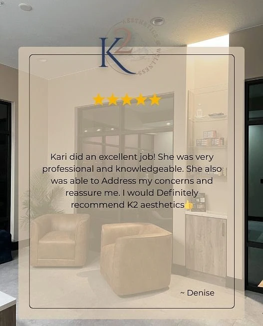 Five-star customer review praising Kari’s professionalism at K2 Aesthetics and Wellness