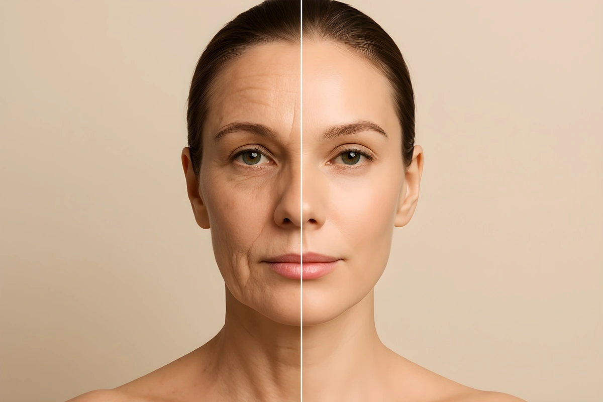 Before and after image showing facial skin rejuvenation results from regenerative treatments like PRF BioGel and Peptide Therapy.