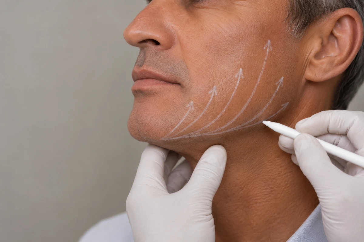 Provider marking the jawline before a PDO thread lift to reduce sagging skin and jowls and create a more defined facial contour at K2 Aesthetics & Wellness