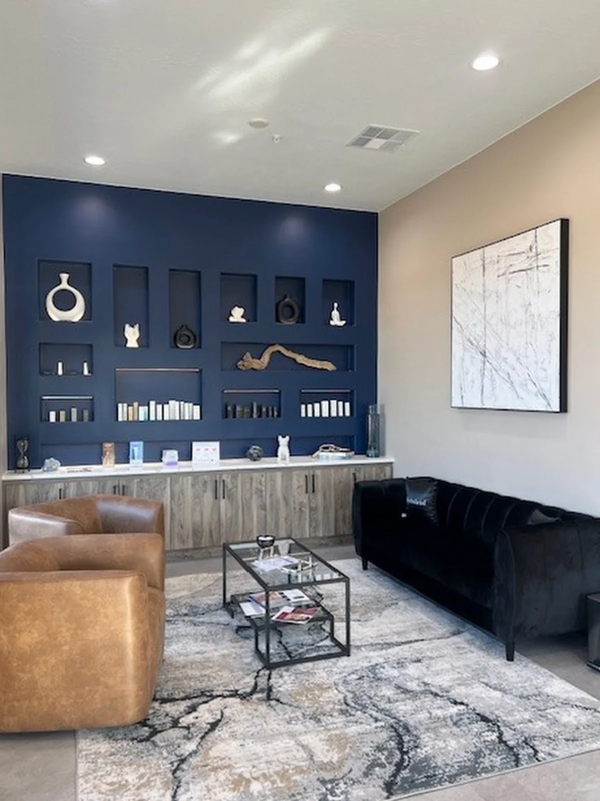 Modern medical spa waiting room with stylish seating and decor